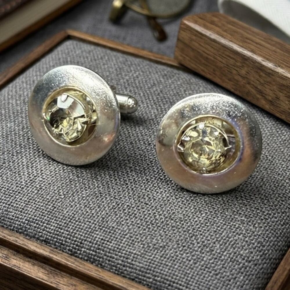 Vintage Shields Round Rhinestone Cufflinks Silver Tone Mid Century